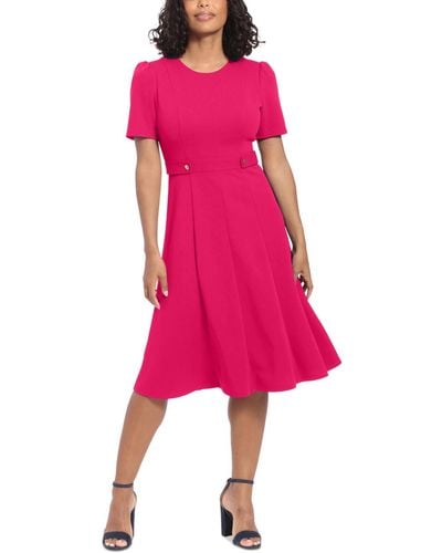 London Times Puff-sleeve Tab-detail Fit & Flare Dress - Pink