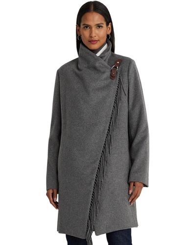 Lauren by Ralph Lauren Wool Blend Fringe Wrapped Coat - Gray