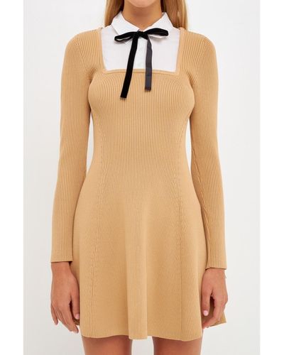 English Factory Mixed Media Fit And Flare Sweater Dress - Natural