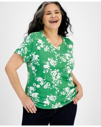 Style & Co. Plus Size Short-sleeve Henley Printed Top - Green