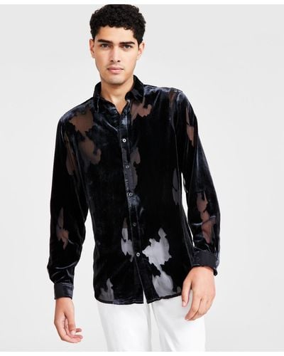 INC International Concepts Burnout Long Sleeve Button-front Shirt - Black