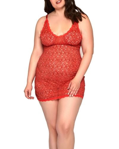 iCollection Plus Size Marvella All Lace Easy To Wear Stretch Chemise & Panty 2pc Lingerie Set - Red