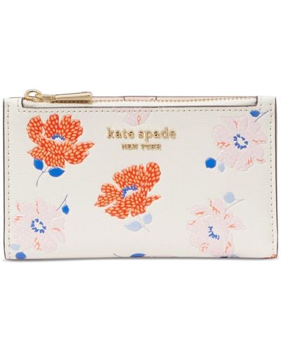 Kate Spade Morgan Dotty Floral Embossed Saffiano Leather Small Slim Bifold Wallet - Pink