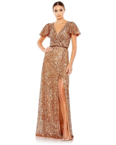 Mac Duggal Sequined Wrap Over Butterfly Sleeve Draped Gown - Multicolor