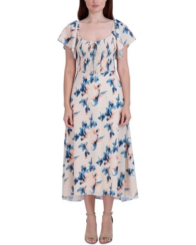 BCBGeneration Printed Smocked Flutter-sleeve Midi Dress - Blue