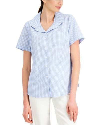 Karen Scott Petite Gingham Woven Shirt, Created For Macy's - Blue