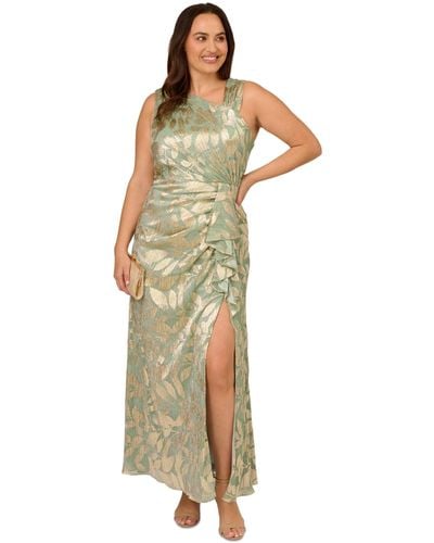 Adrianna Papell Plus Size Foil-print Asymmetric Gown - Metallic