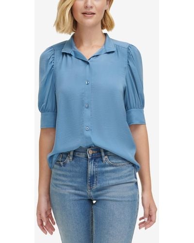 Calvin Klein Stand-collar Charmeuse Puff-sleeve Shirt - Blue