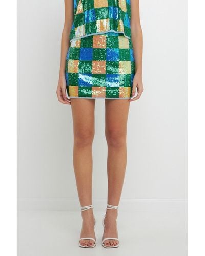 Endless Rose Sequins Gingham Mini Skirt - Green