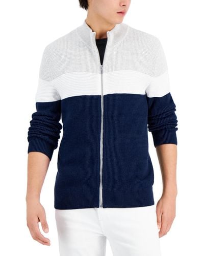 INC International Concepts Cotton Colorblocked Full-zip Sweater - Blue