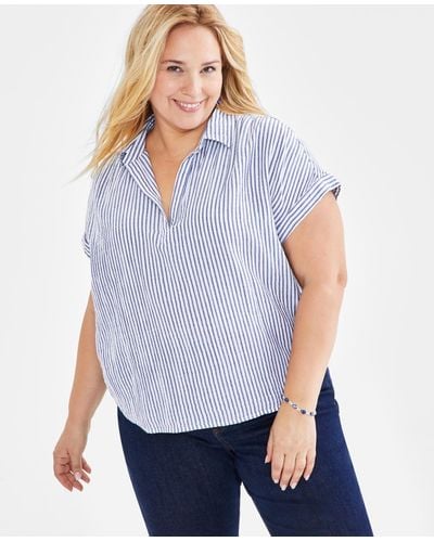 Style & Co. Plus Size Striped Gauze Camp Shirt - Blue