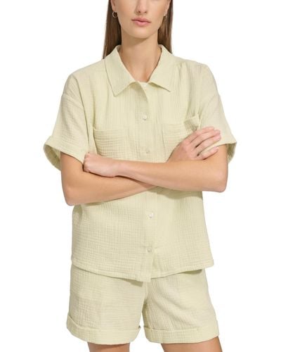 Marc New York Andrew Marc Sport Short-sleeve Gauze Button-front Camp Shirt - Natural