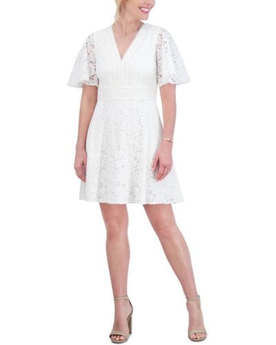 Jessica Howard Petite Lace Flutter-sleeve Fit & Flare Dress - White