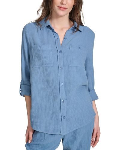 Calvin Klein Double-crepe Button-down Roll-tab-sleeve Shirt - Blue