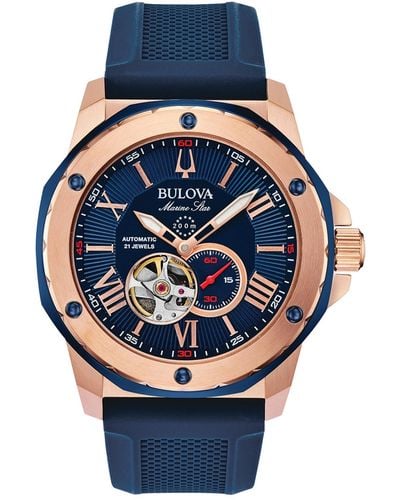 Bulova Automatic Marine Star Blue Silicone Strap Watch 45mm - Gray