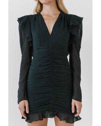 Endless Rose Textured Long Sleeve Ruched Mini Dress - Black
