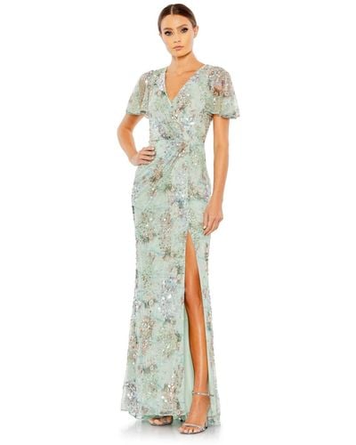 Mac Duggal Embellished Butterfly Sleeve Faux Wrap Gown - Metallic