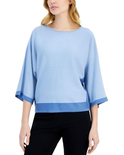 Tahari 3/4-dolman-sleeve Contrast-trim Crewneck Sweater - Blue