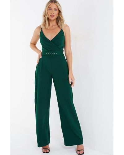 Quiz Scuba Crepe V Neck Belted Palazzo Jumpsuit - Green