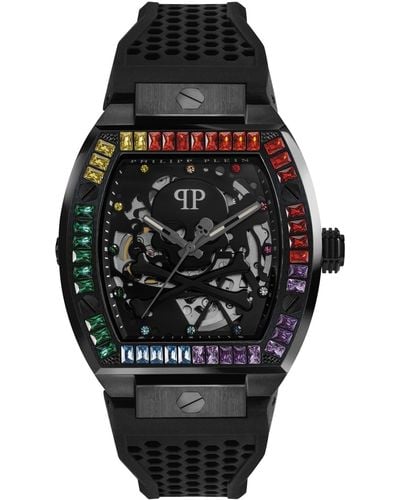 Philipp Plein Automatic The $keleton Rainbow Crystal And Black Silicone Strap Watch 44mm