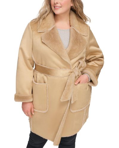 DKNY Plus Size Belted Notched-collar Faux-shearling Coat - Natural