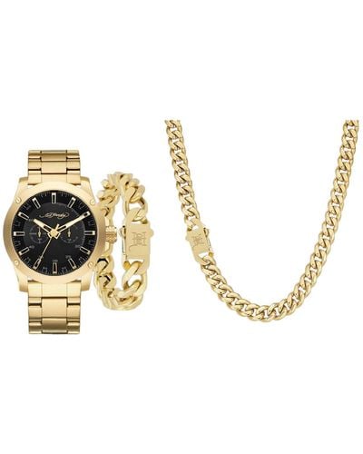 Ed Hardy Shiny Gold-tone Metal Bracelet Watch 46mm Gift Set - Metallic