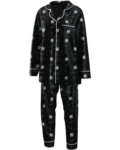 WEAR by Erin Andrews Brooklyn Nets Long Sleeve Button-up Shirt Pants Sleep Set - Black