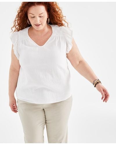 Style & Co. Plus Size Flutter-sleeve V-neck Top - White
