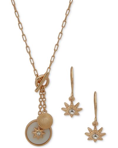 Anne Klein Gold-tone Mixed Stone Star Charm Pendant Necklace & Drop Earrings Set - Metallic