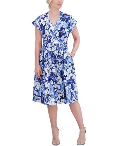 Jessica Howard Petite Cotton Poplin Floral Fit & Flare Dress - Blue