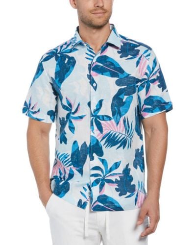 Cubavera Big & Tall Linen Blend Tropical Print Short Sleeve Shirt - Blue