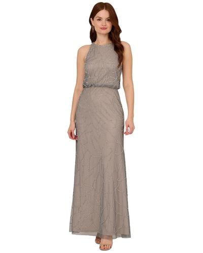 Adrianna Papell Beaded Blouson Halter Gown - Brown