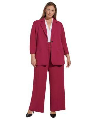Calvin Klein Plus Size Scuba Crepe Single Button Ruched Sleeve Jacket Wide Leg Pants - Red