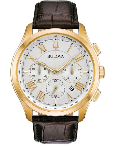 Bulova Chronograph Wilton Brown Leather Strap Watch 46.5mm - Metallic