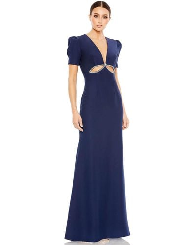 Mac Duggal Ieena Plunge Neck Puff Sleeve Cut Out Gown - Blue