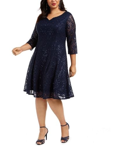 Sl Fashions Plus Size Sequined Lace Dress - Blue