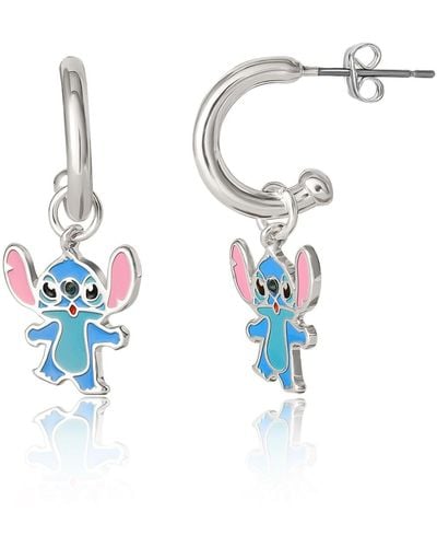 Disney Lilo And Stitch Silver Plated Stitch Drop Hoop Earrings - Blue