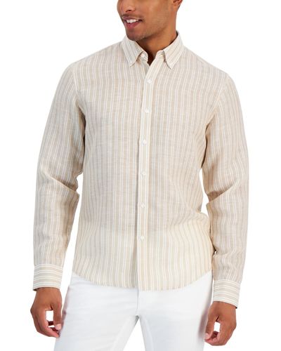 Michael Kors Classic-fit Halo Stripe Long Sleeve Button-front Linen Shirt - White