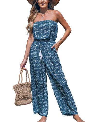 CUPSHE Ditsy Tube Top Straight Leg Jumpsuit - Blue