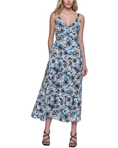 Karl Lagerfeld Floral-print Lace-up Midi Dress - Blue