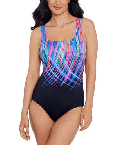 Swim Solutions Printed Scoop-neck One-piece Swimsuit - Blue