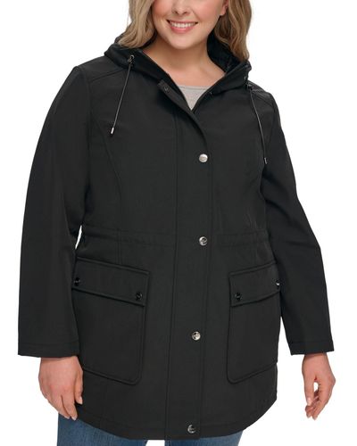 DKNY Plus Size Drawstring-hood Snap-front Anorak Raincoat - Black
