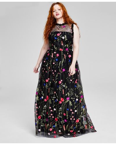 City Studios Trendy Plus Size Ruffle-trim Embroidered Gown - Black