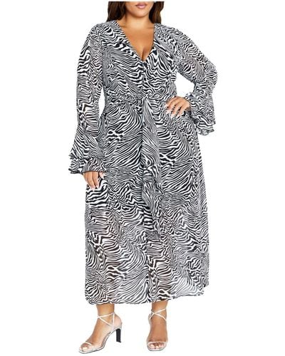 City Chic Plus Size Plunge Frill Print Maxi Dress - Gray