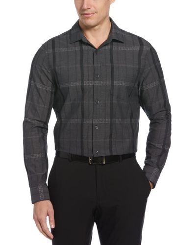 Perry Ellis Cotton Tonal Jacquard Plaid Button Shirt - Gray