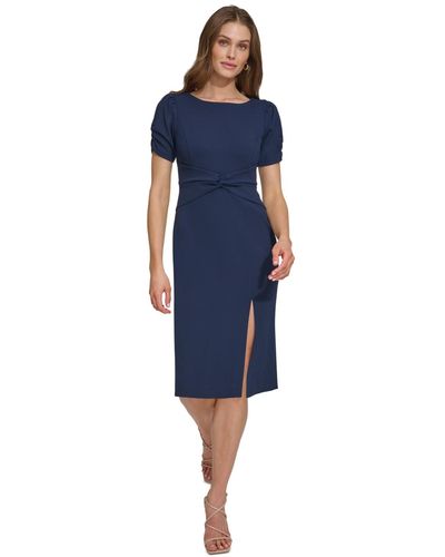 DKNY Petite Ruched-sleeve Twist-waist Sheath Dress - Blue