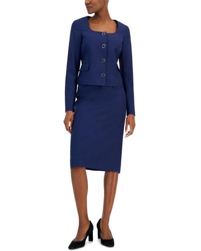Nipon Boutique Scoop-neck Jacket & Pencil Skirt Suit - Blue