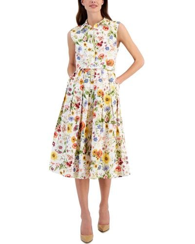 Tahari Floral Printed Linen-blend Belted Fit & Flare Midi Dress - White
