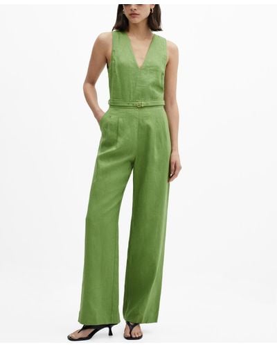 Mango Belt Linen Jumpsuit - Green