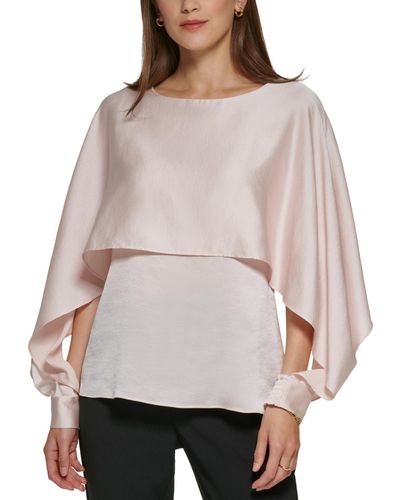 DKNY Petite Solid Crewneck Smocked-cuff Cape Blouse - Gray